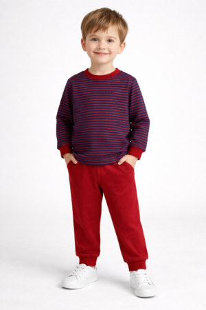 Erkek Çocuk Çizgili Üst & Kırmızı Eşofman Altı Takım