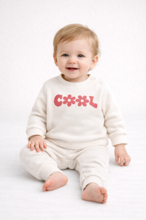 Bebek Krem İkili Takım – Cool Baskılı Yumuşak Dokulu Alt Üst Set