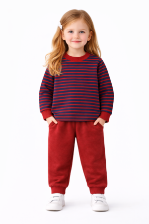 Kız/Erkek Çocuk  Eşofman Altı Çizgili Üst & Kırmızı Takım