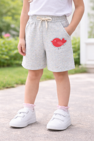 Kız Çocuk Gri Kuş Baskılı Şort 3-7 Yaş Lastikli Bel Rahat Kalıp